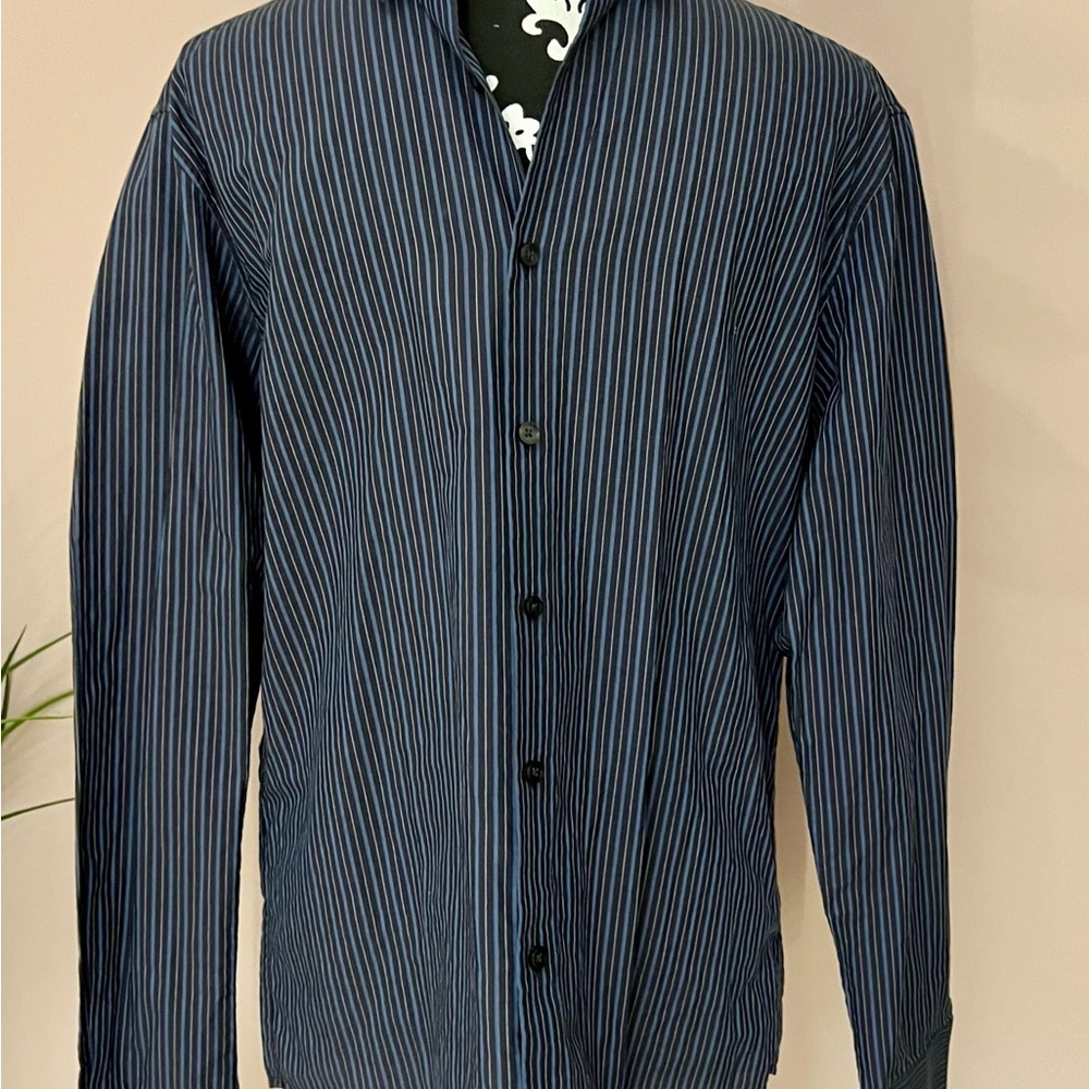 THEORY 100% Cotton Charcoal and Slate Striped Botton-Down Shirt